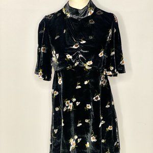 Free People Be My Baby Velvet Dress Black Floral Short Sleeve Mock Neck